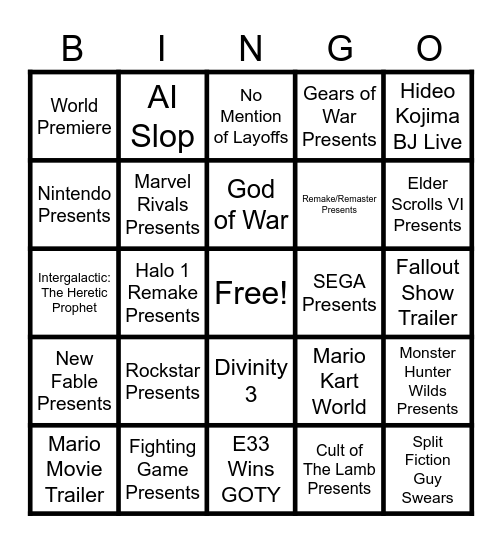 Game Awards 2025 Bingo Card