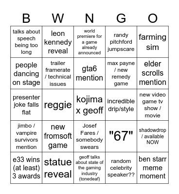 the egg awards Bingo Card