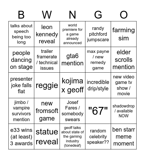 the egg awards Bingo Card
