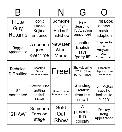 Game Awards Bingo (Epic Games) Bingo Card