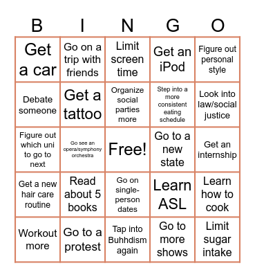 New Years Personal Bingo Card