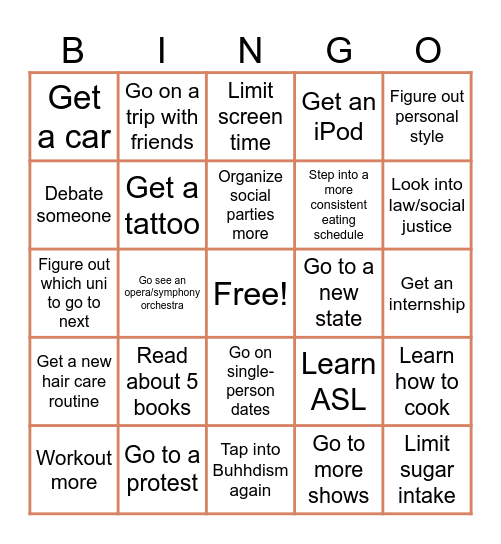 New Years Personal Bingo Card