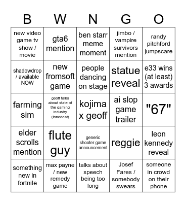 the egg awards Bingo Card