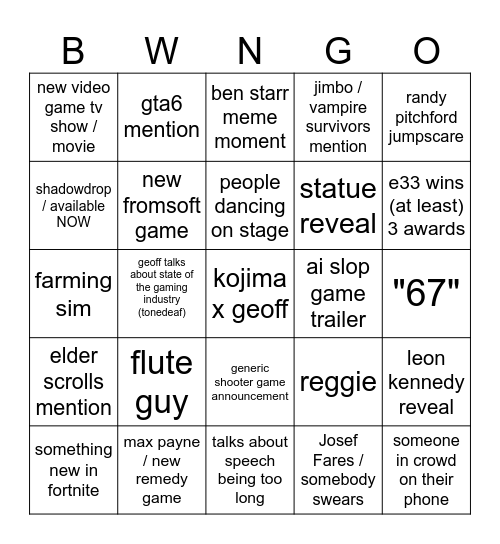 the egg awards Bingo Card