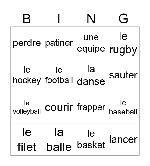 Les Sports Vocabulaire Bingo Card