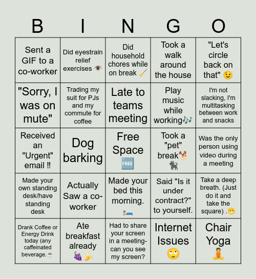 Virtual Office Bingo Card