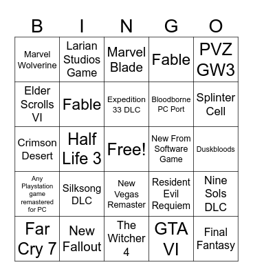 Game Awards 2025 Bingo Card