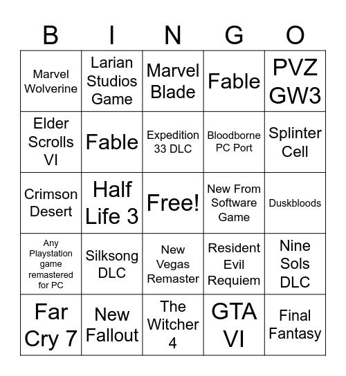 Game Awards 2025 Bingo Card