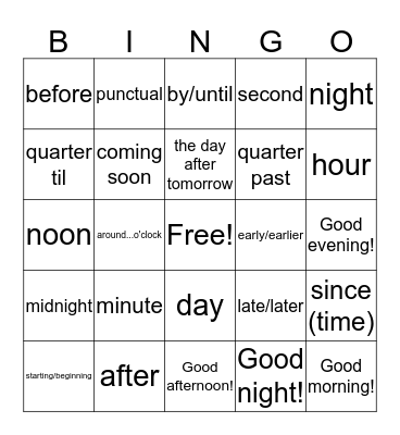 Time Vocab (in English) Bingo Card