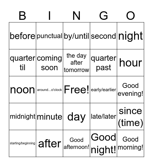 Time Vocab (in English) Bingo Card