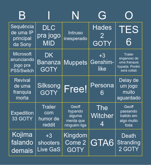 Game Awards 2025 Bingo Card