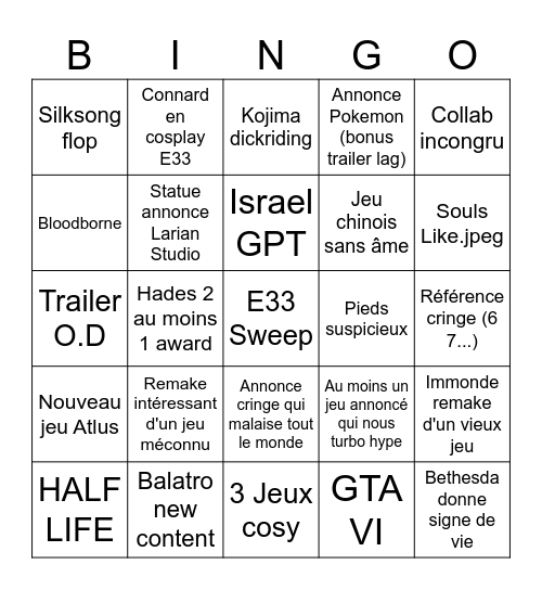 Game Awards Bingo Card