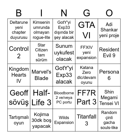 The Game Awards Bingosu Bingo Card