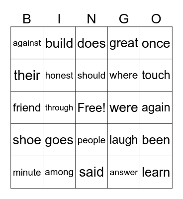 Heart Word Bingo Card