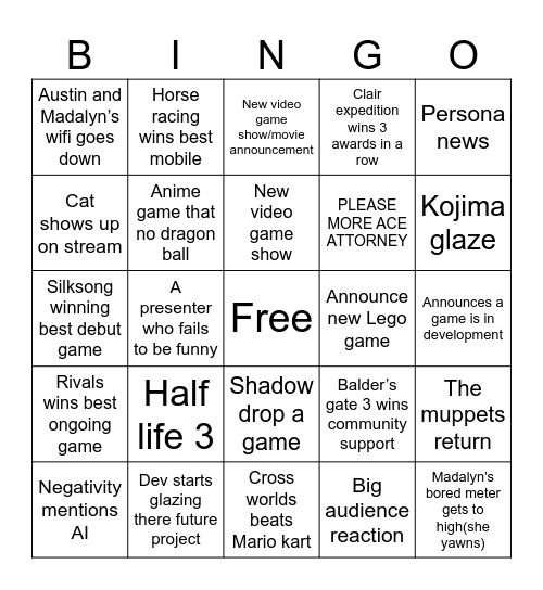Game award bingo Card