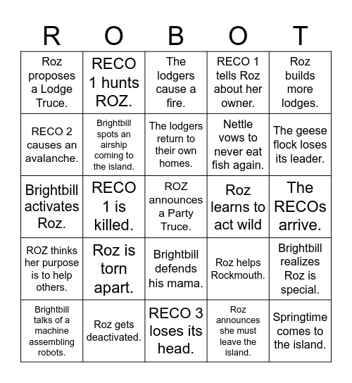The Wild Robot Part 2 Bingo Card