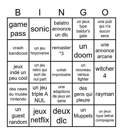 game awards Bingo Card