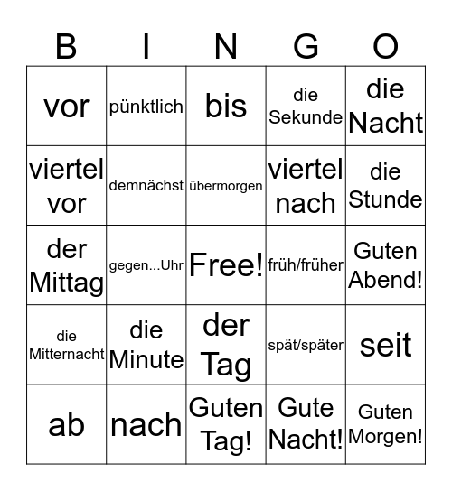 Time Vocab (auf Deutsch!) Bingo Card