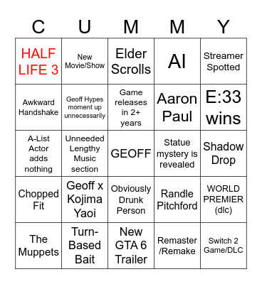 The Nothing Ever Happens Awards Bingo Card