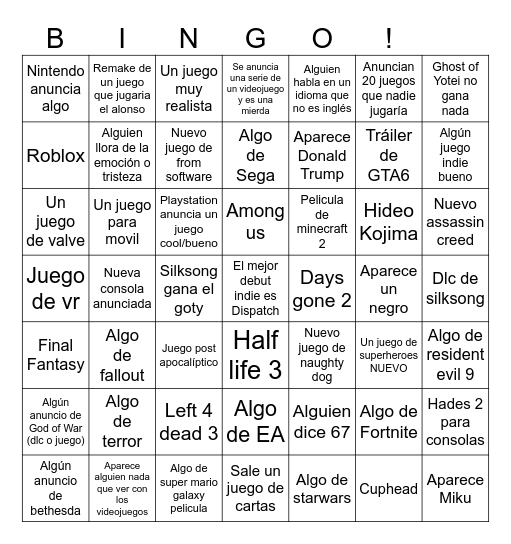 Bingo de los Game Awards Bingo Card