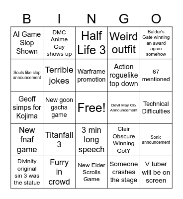 Game Awards Bingo Card