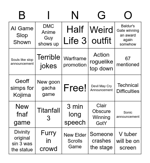 Game Awards Bingo Card