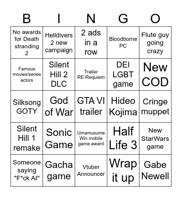 The Game Awards Bingo Card