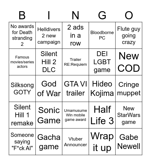 The Game Awards Bingo Card