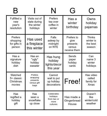 Getting to Know You Winter Holiday Bingo Card