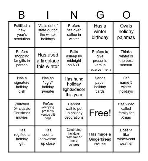 Getting to Know You Winter Holiday Bingo Card