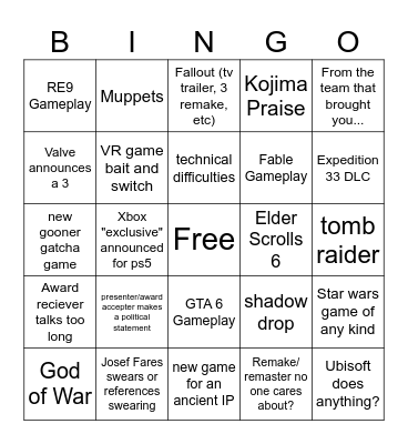 Game Awards Bingo Card