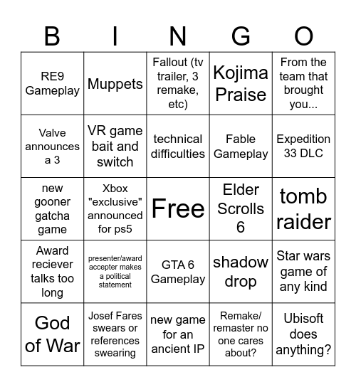 Game Awards Bingo Card