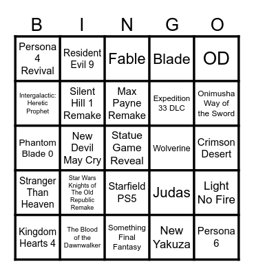 Game Awards 2025 Hype Bingo Card