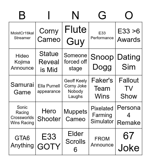 TGA 2025 Bingo Card