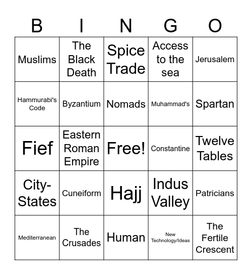 World History Semester Exam Bingo Card