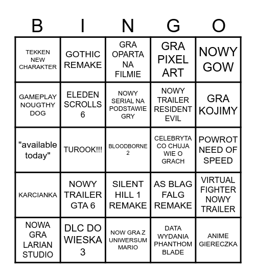 game awards Bingo Card