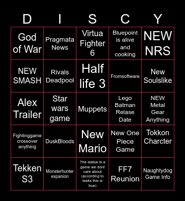 Game Awards 2025 Bingo Card