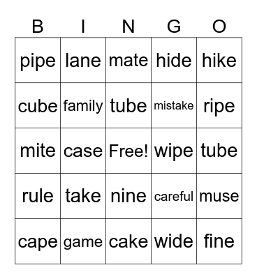 VCe Bingo Card