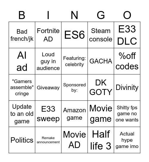 Game awards Bingo Card
