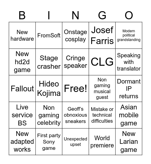 Game Awards 2025 Bingo Card