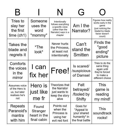 Slay The Princess stream - bingo version Bingo Card