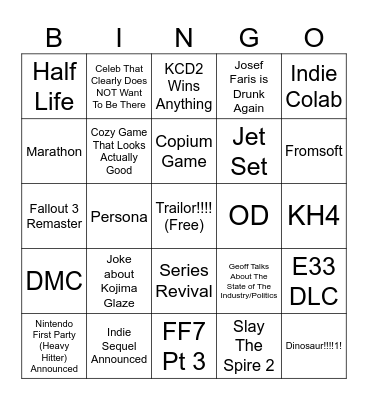 Geoff Makes Out With Kojima Awards Bingo Card
