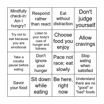 Intuitive Eating Tips Bingo Card