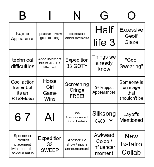 The Game Awards 2025 Bingo Card