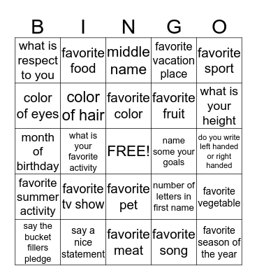 bucket fillers bingo getting to know you Bingo Card