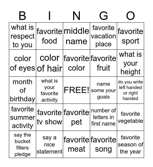 bucket fillers bingo getting to know you Bingo Card