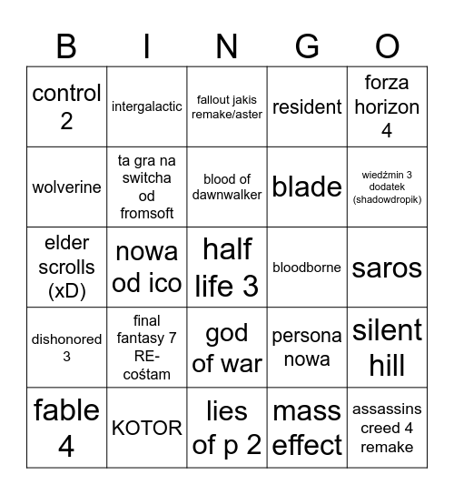 TGA Bingo Card