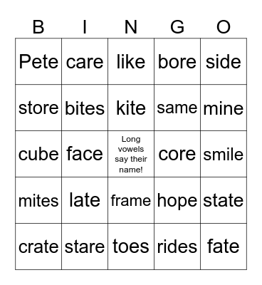 Long Vowels with Silent E Bingo Card
