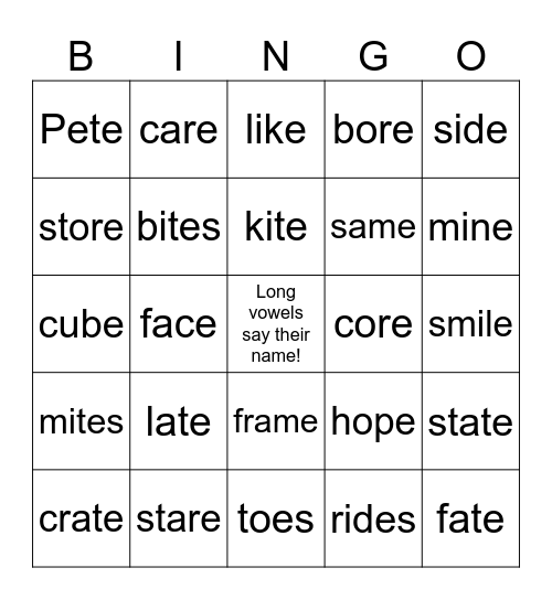 Long Vowels with Silent E Bingo Card