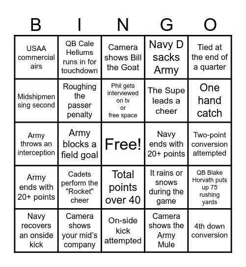 Army- Navy Game Bingo Card
